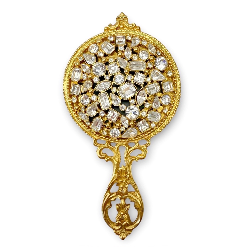 Kirks Folly Clear Rhinestone Crystal Jeweled Golden Small Vanity Hand Mirror